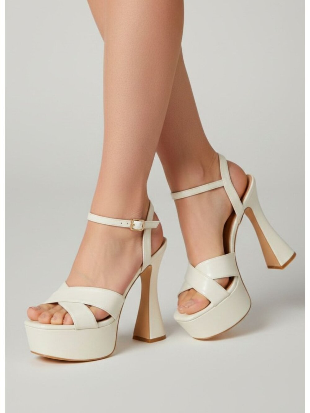 White Strappy Platform Block Heel Sandals With Adjustable Ankle Strap For Women